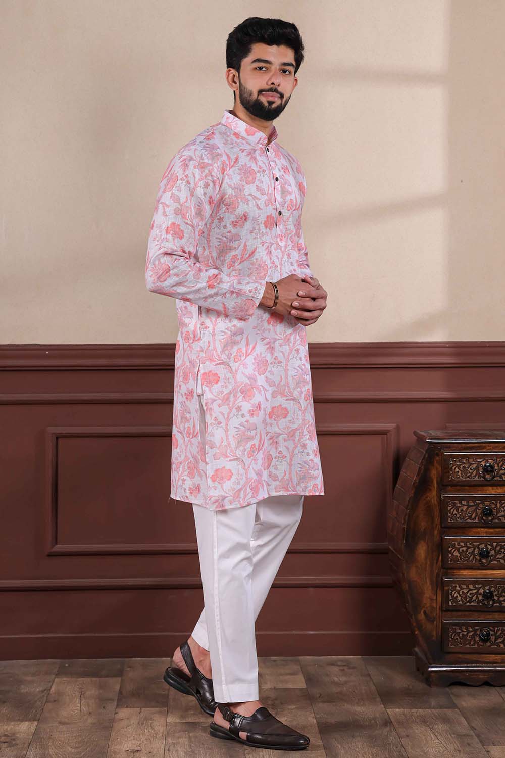 Pink Printed Linen Men's Kurta Set