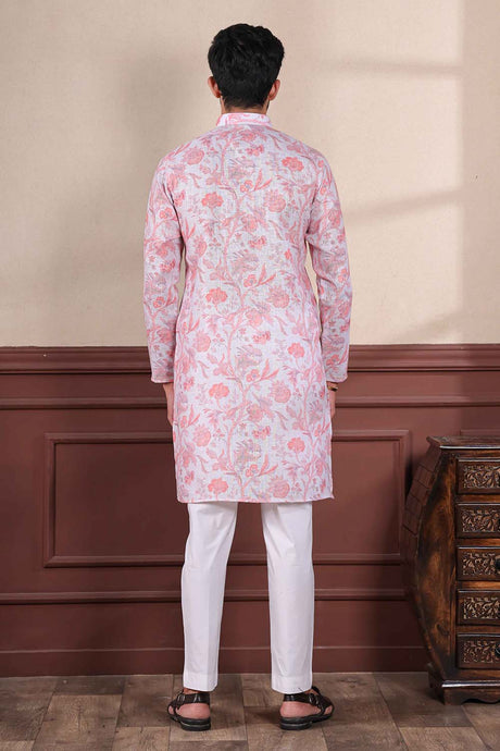 Pink Printed Linen Men's Kurta Set