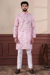 Pink Printed Linen Men's Kurta Set