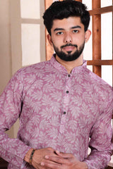 Violet Printed Linen Men's Kurta Set