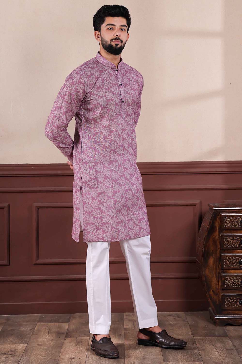 Violet Printed Linen Men's Kurta Set