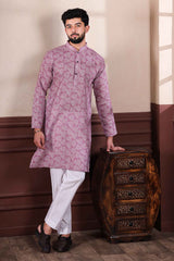 Violet Printed Linen Men's Kurta Set