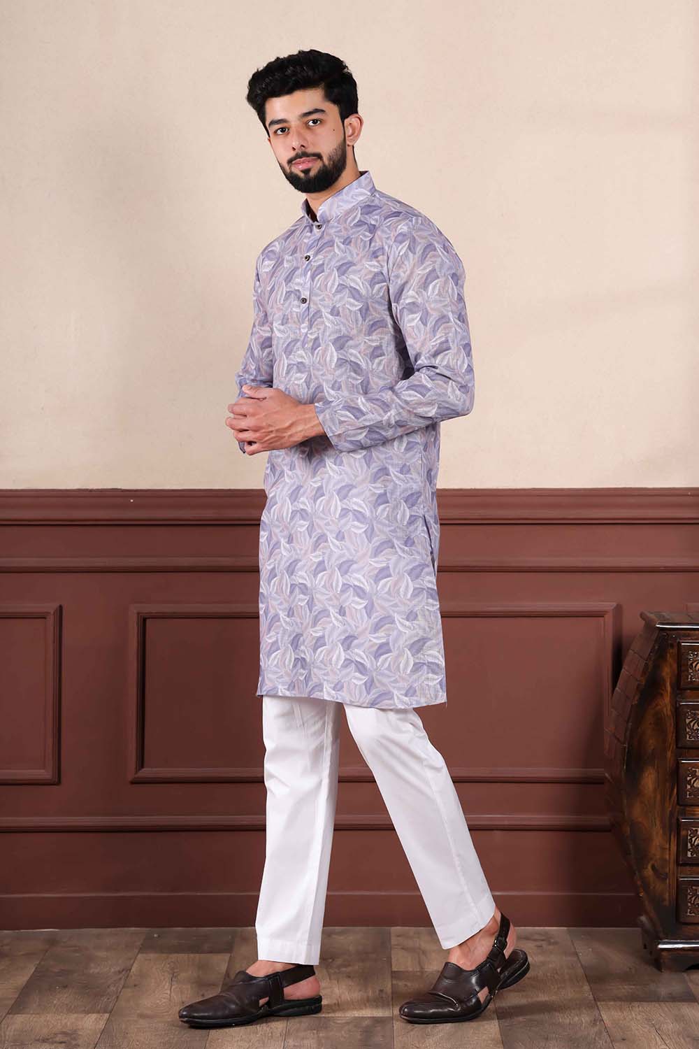 Violet Printed Linen Men's Kurta Set