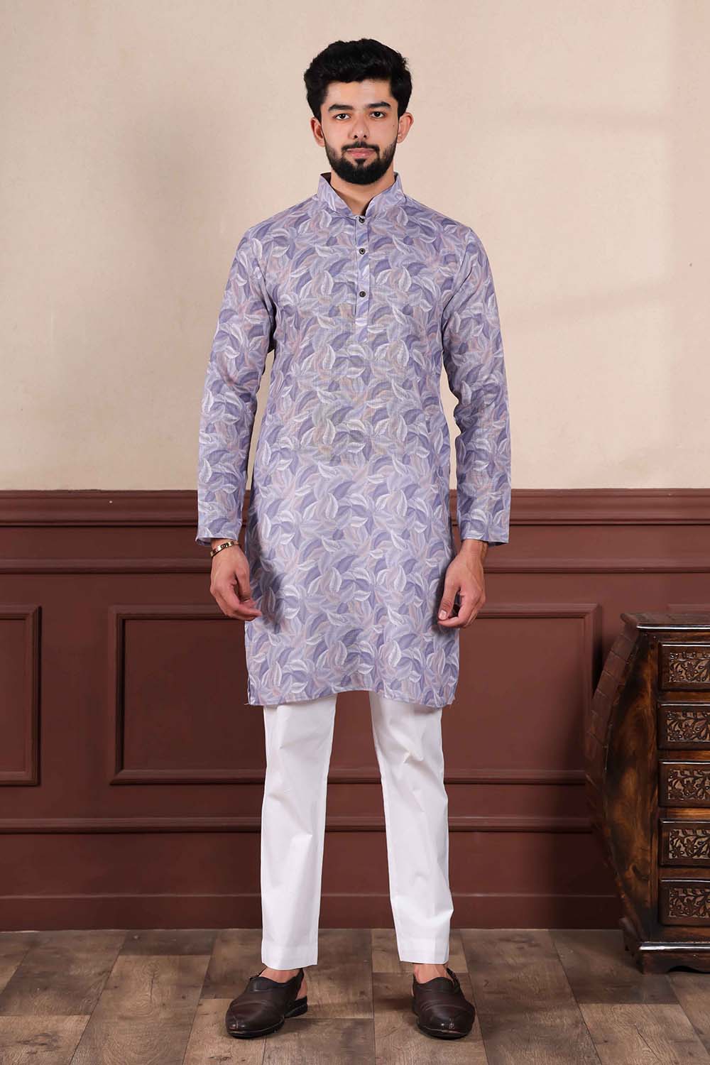 Violet Printed Linen Men's Kurta Set