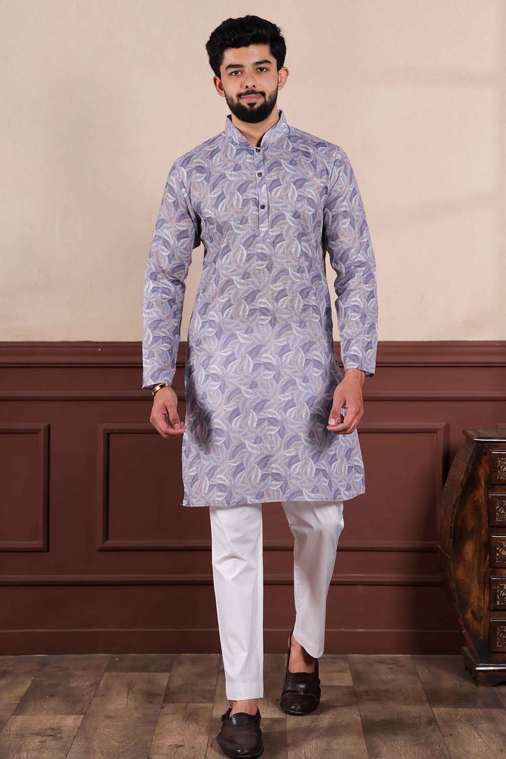 Violet Printed Linen Men's Kurta Set