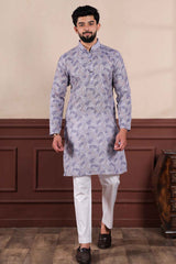 Violet Printed Linen Men's Kurta Set