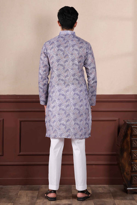 Violet Printed Linen Men's Kurta Set