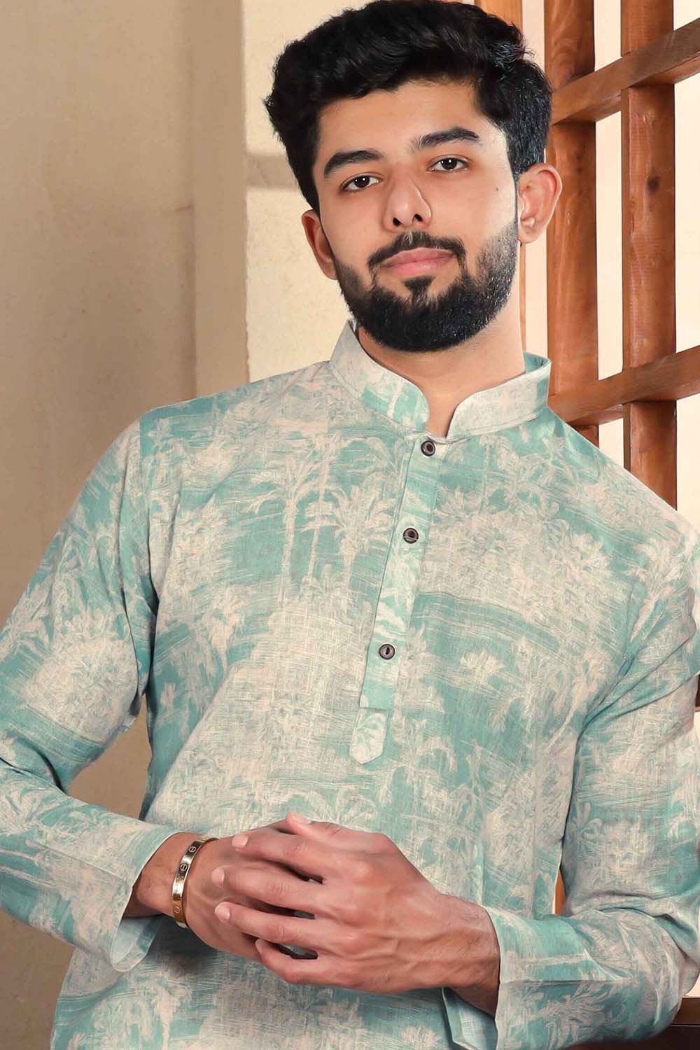 Green Printed Linen Men's Kurta Set