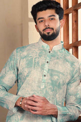 Green Printed Linen Men's Kurta Set