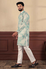 Green Printed Linen Men's Kurta Set