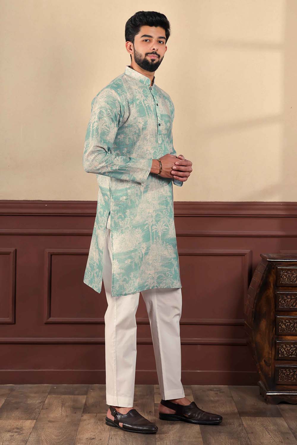 Green Printed Linen Men's Kurta Set