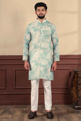 Green Printed Linen Men's Kurta Set