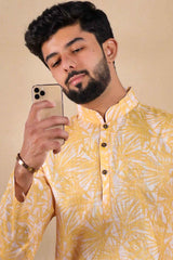 Yellow Printed Linen Men's Kurta Set