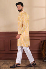 Yellow Printed Linen Men's Kurta Set