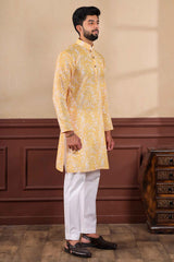 Yellow Printed Linen Men's Kurta Set