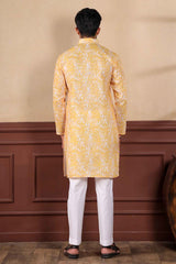 Yellow Printed Linen Men's Kurta Set