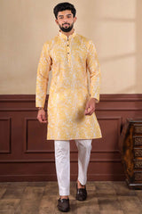 Yellow Printed Linen Men's Kurta Set