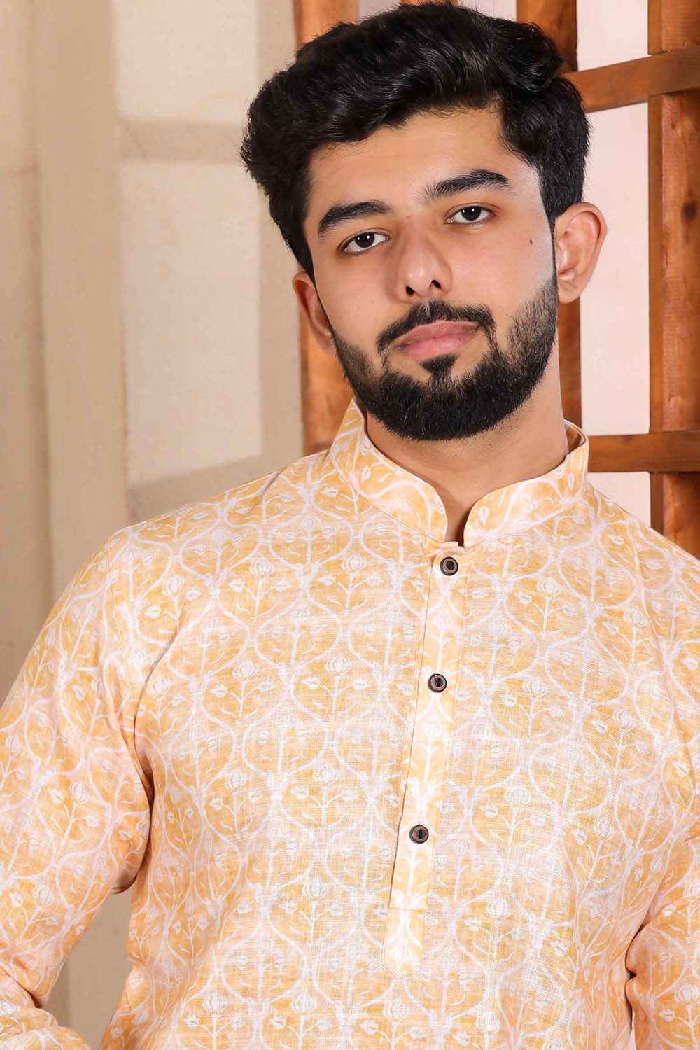 Yellow Printed Linen Men's Kurta Set