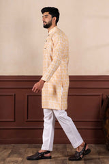 Yellow Printed Linen Men's Kurta Set