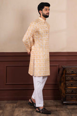 Yellow Printed Linen Men's Kurta Set