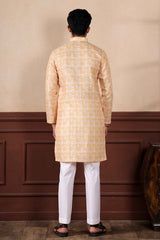 Yellow Printed Linen Men's Kurta Set