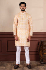 Yellow Printed Linen Men's Kurta Set