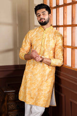 Yellow Embroidered Cotton Men's Kurta Set