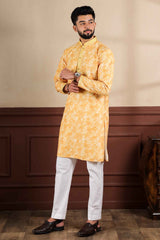 Yellow Embroidered Cotton Men's Kurta Set