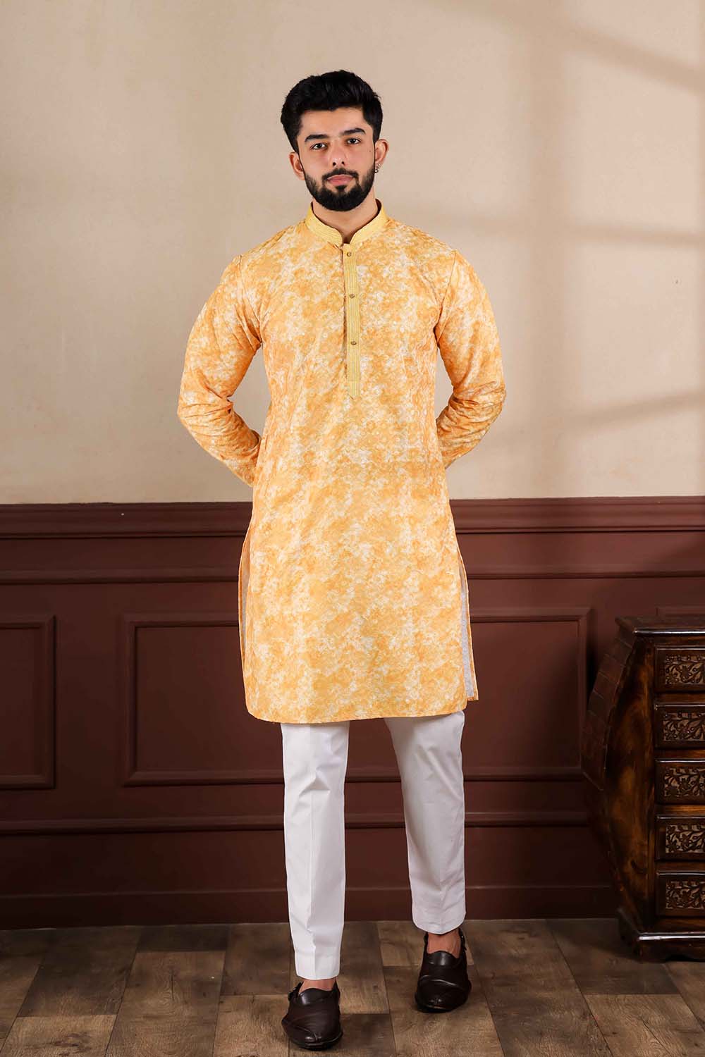 Yellow Embroidered Cotton Men's Kurta Set