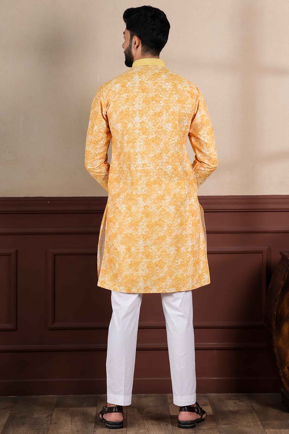 Yellow Embroidered Cotton Men's Kurta Set