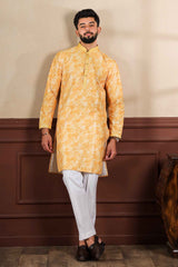 Yellow Embroidered Cotton Men's Kurta Set