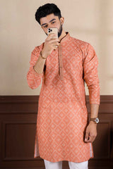 Orange Embroidered Cotton Men's Kurta Set