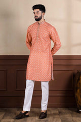 Orange Embroidered Cotton Men's Kurta Set