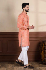 Orange Embroidered Cotton Men's Kurta Set