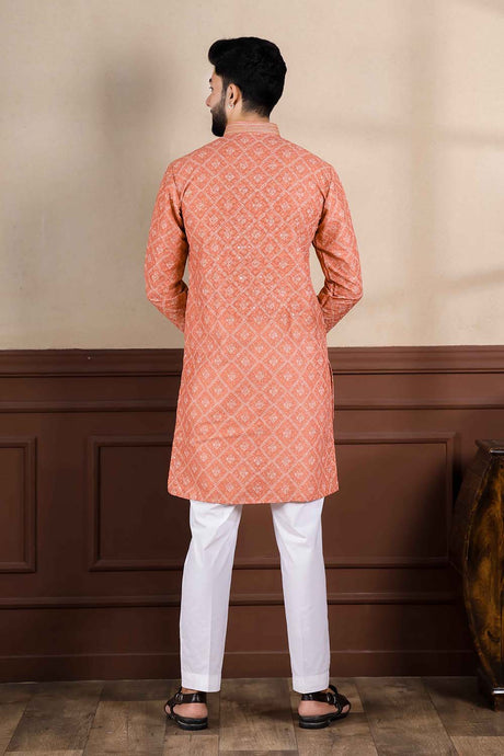 Orange Embroidered Cotton Men's Kurta Set