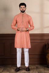 Orange Embroidered Cotton Men's Kurta Set