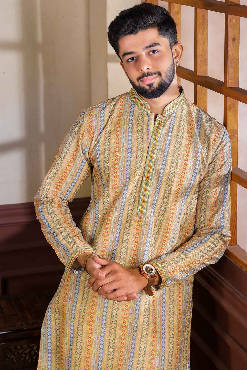 Yellow Embroidered Cotton Men's Kurta Set