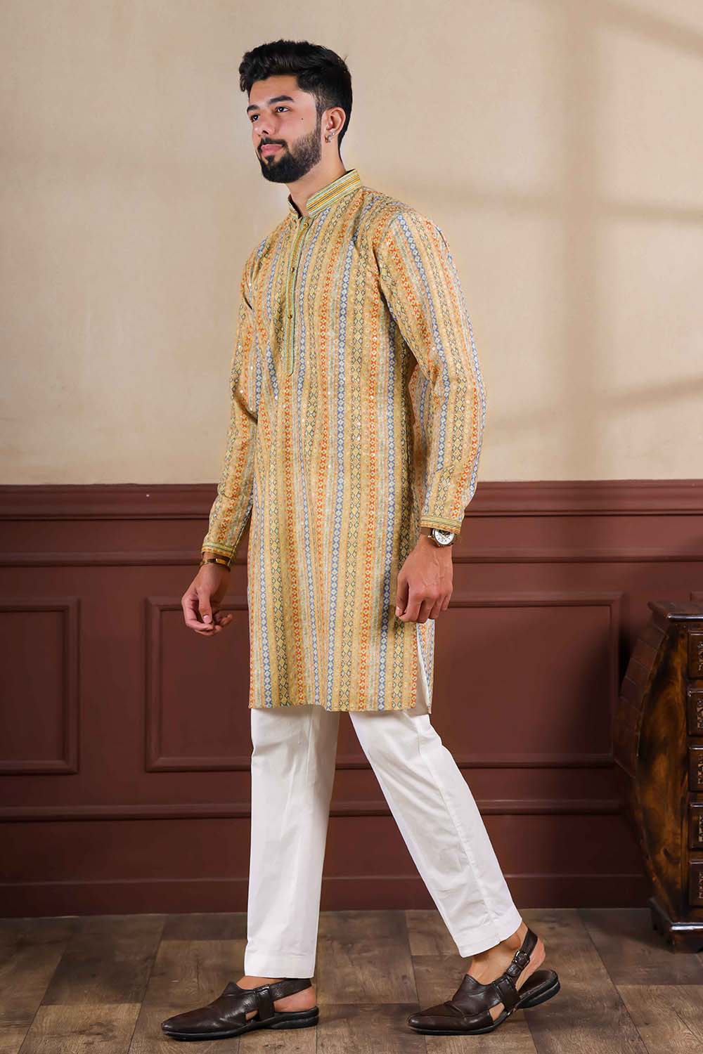 Yellow Embroidered Cotton Men's Kurta Set