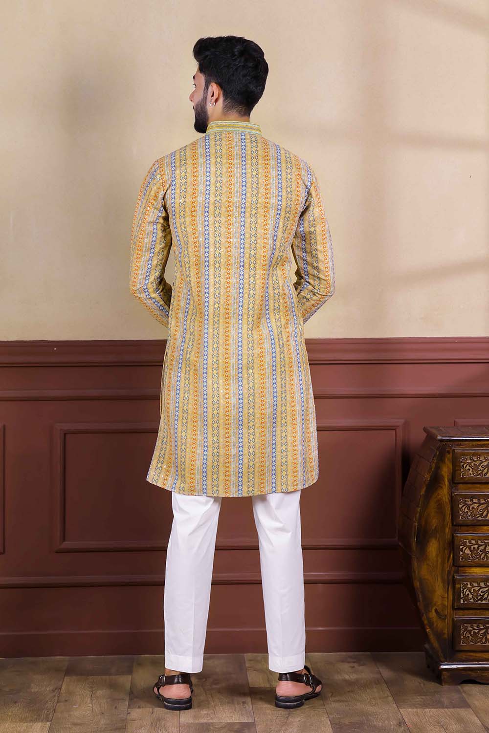 Yellow Embroidered Cotton Men's Kurta Set