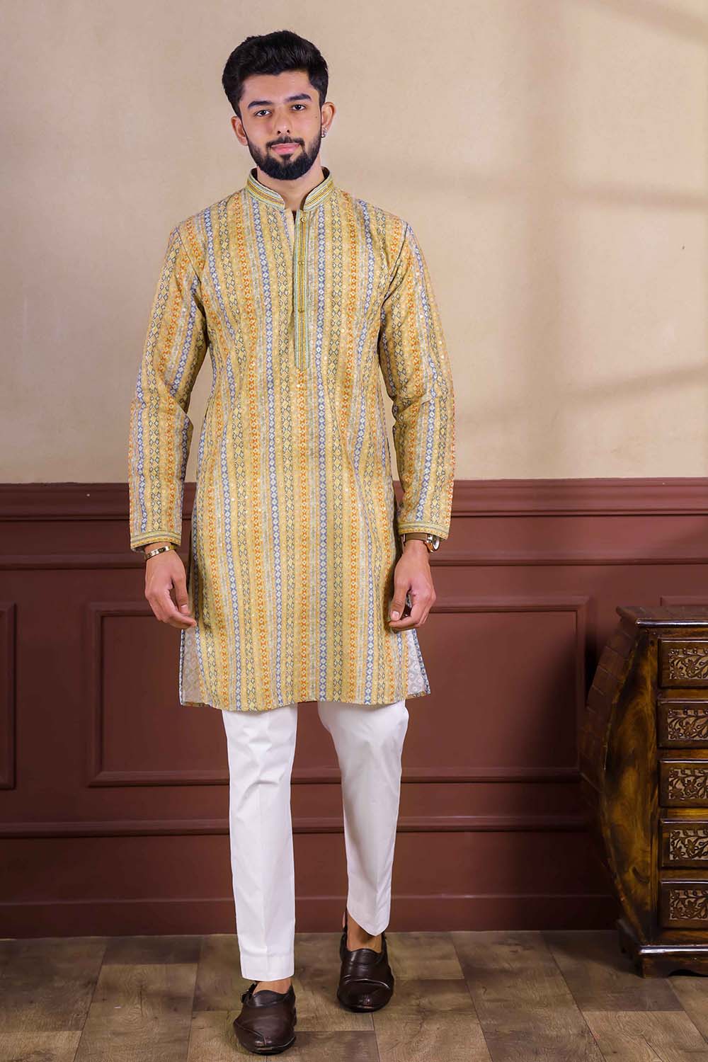 Yellow Embroidered Cotton Men's Kurta Set