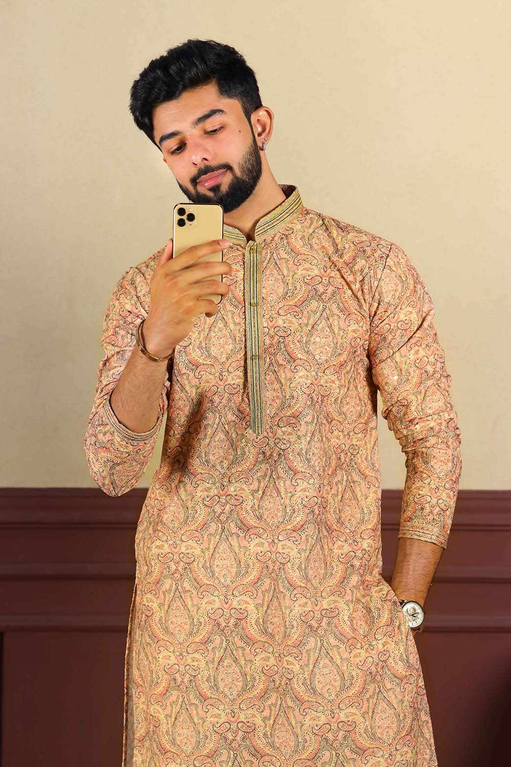 Orange Embroidered Cotton Men's Kurta Set