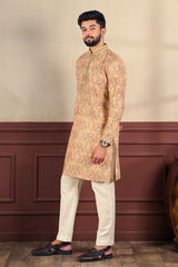 Orange Embroidered Cotton Men's Kurta Set