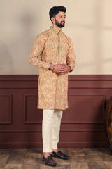 Orange Embroidered Cotton Men's Kurta Set