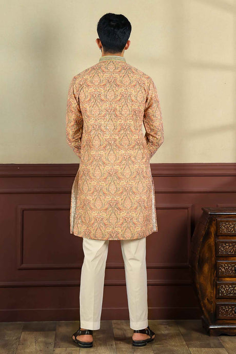 Orange Embroidered Cotton Men's Kurta Set