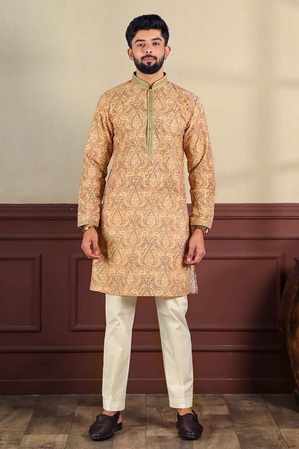 Orange Embroidered Cotton Men's Kurta Set