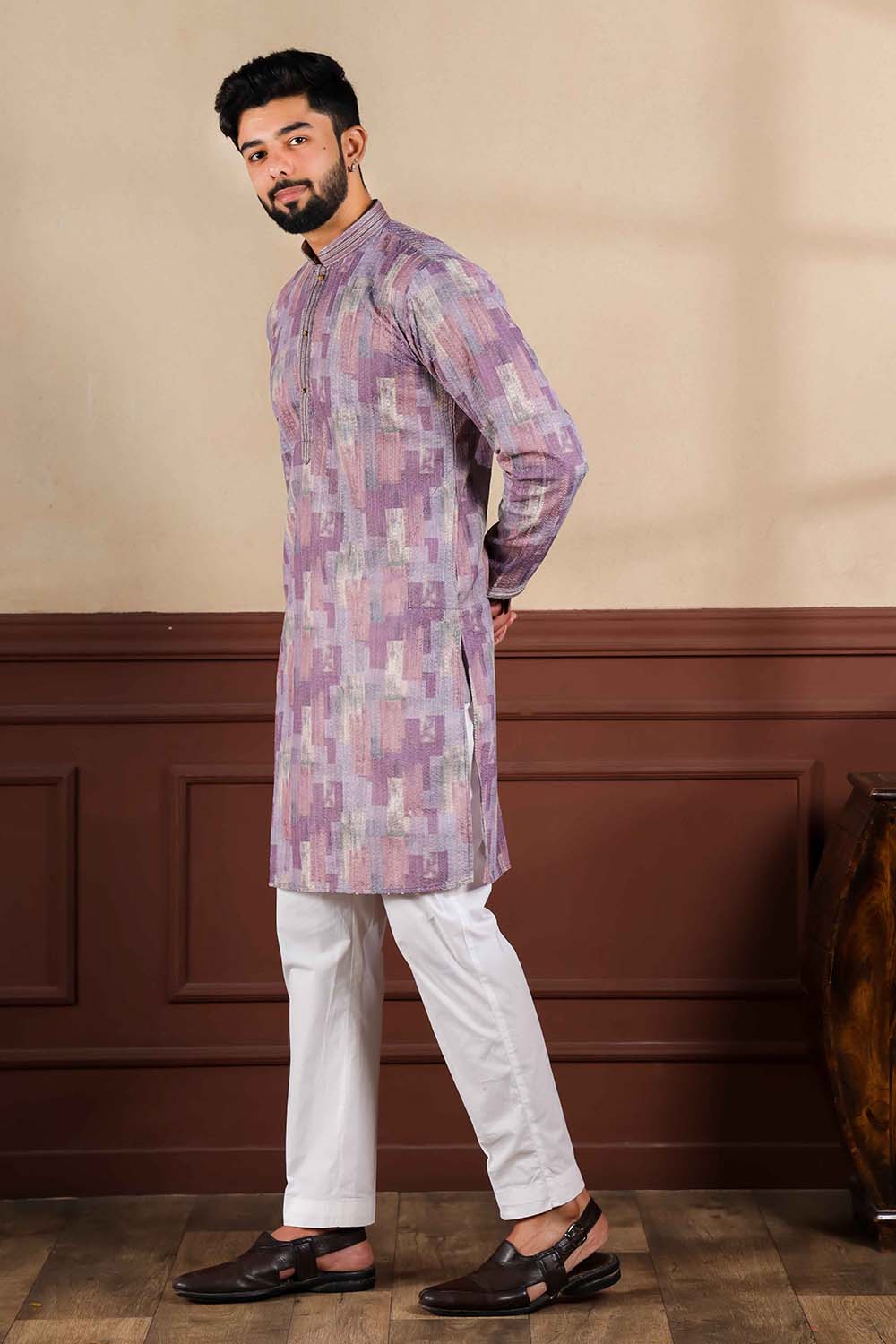 Red Embroidered Cotton Men's Kurta Set