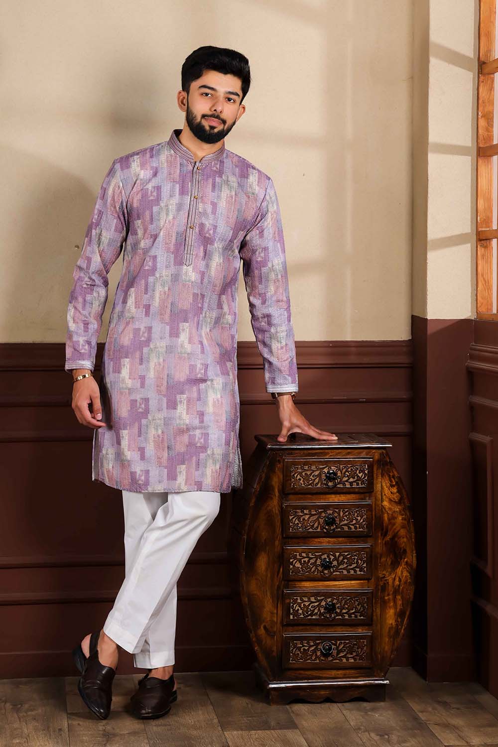 Red Embroidered Cotton Men's Kurta Set