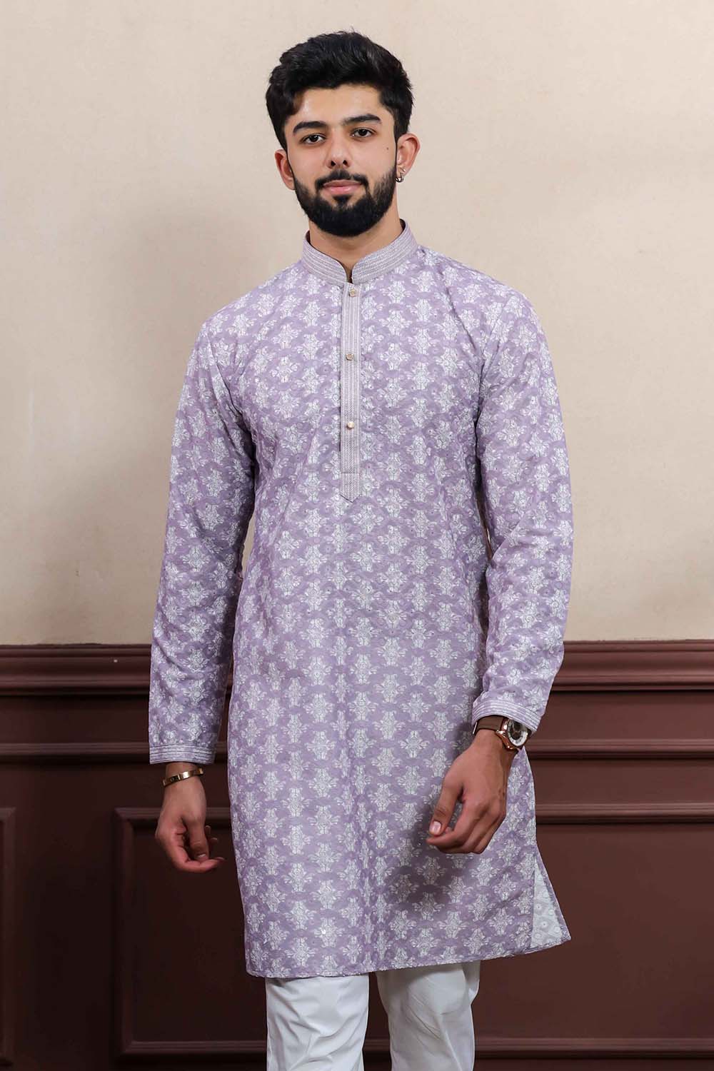 Violet Embroidered Cotton Men's Kurta Set