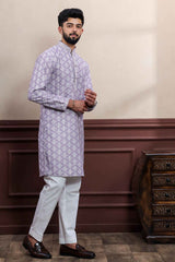 Violet Embroidered Cotton Men's Kurta Set