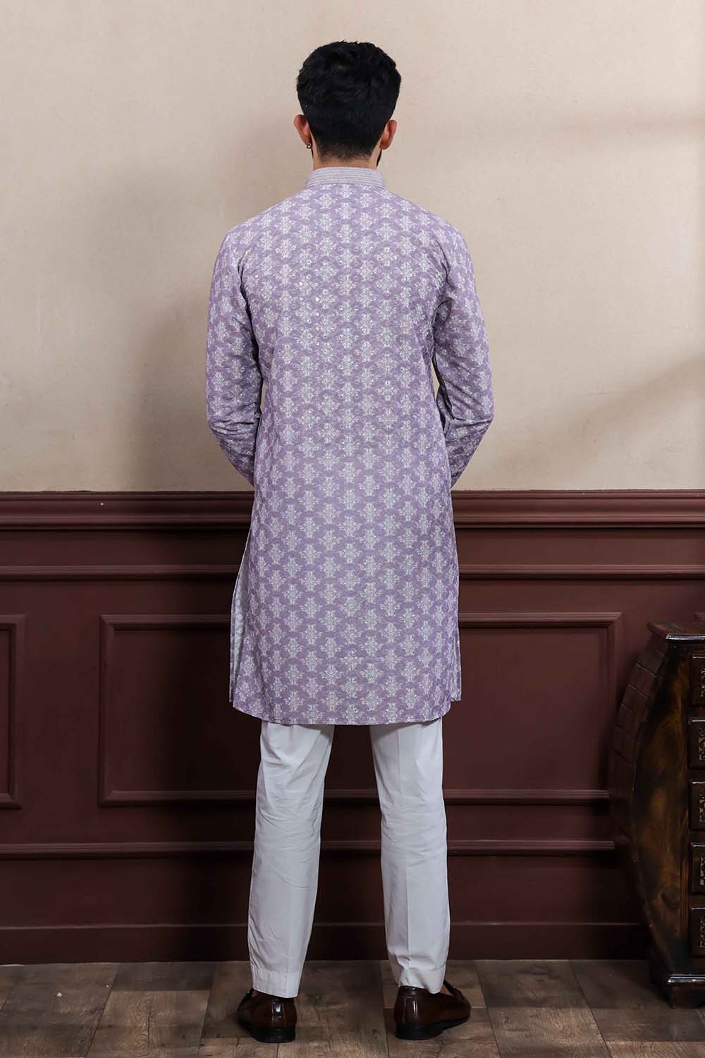 Violet Embroidered Cotton Men's Kurta Set